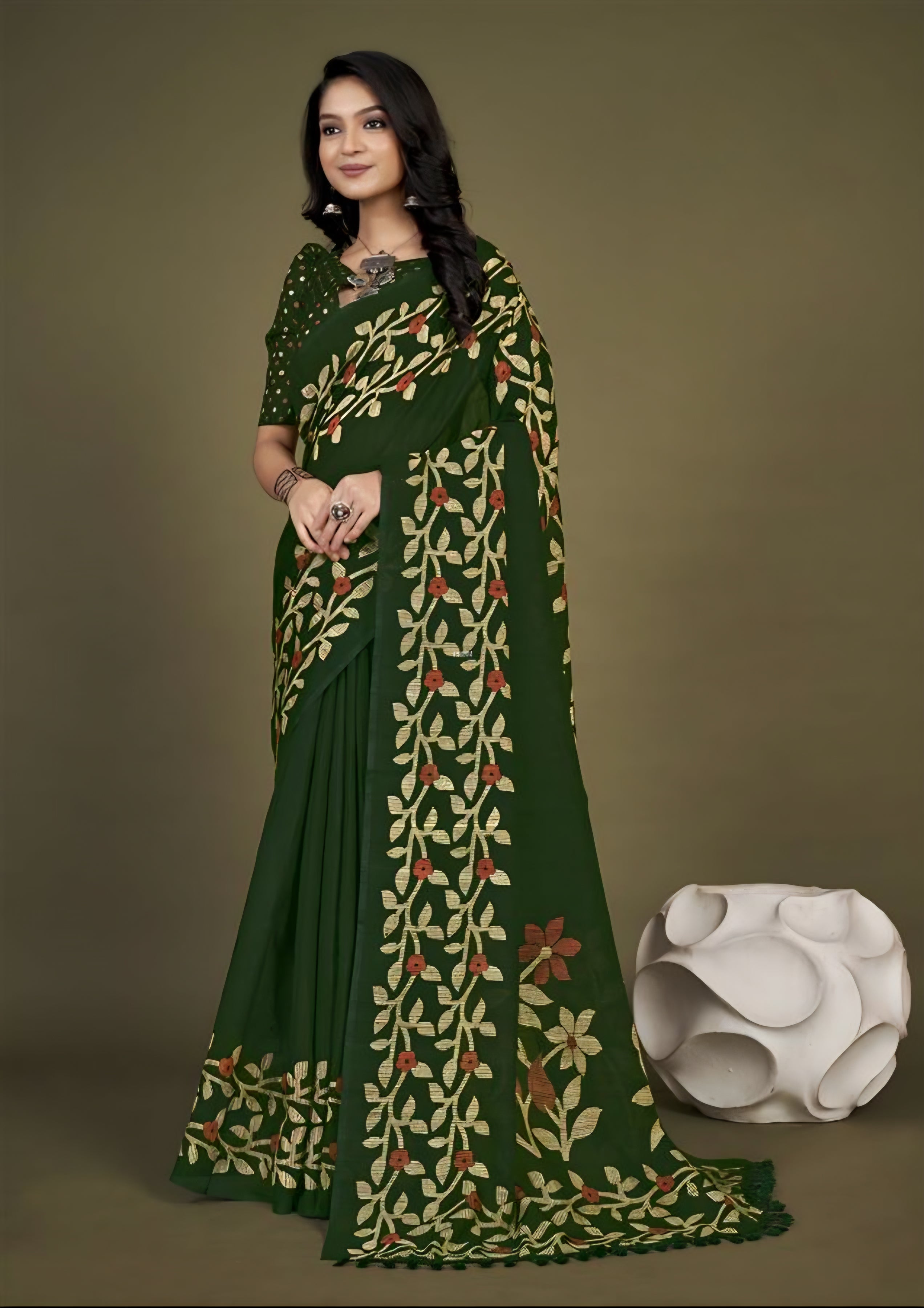 974001 Soft And Very Light Weight Jute Silk Flower Print Saree - Dark Green