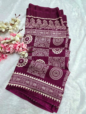 DS287 Semi Dola Silk Block Print Saree - Wine