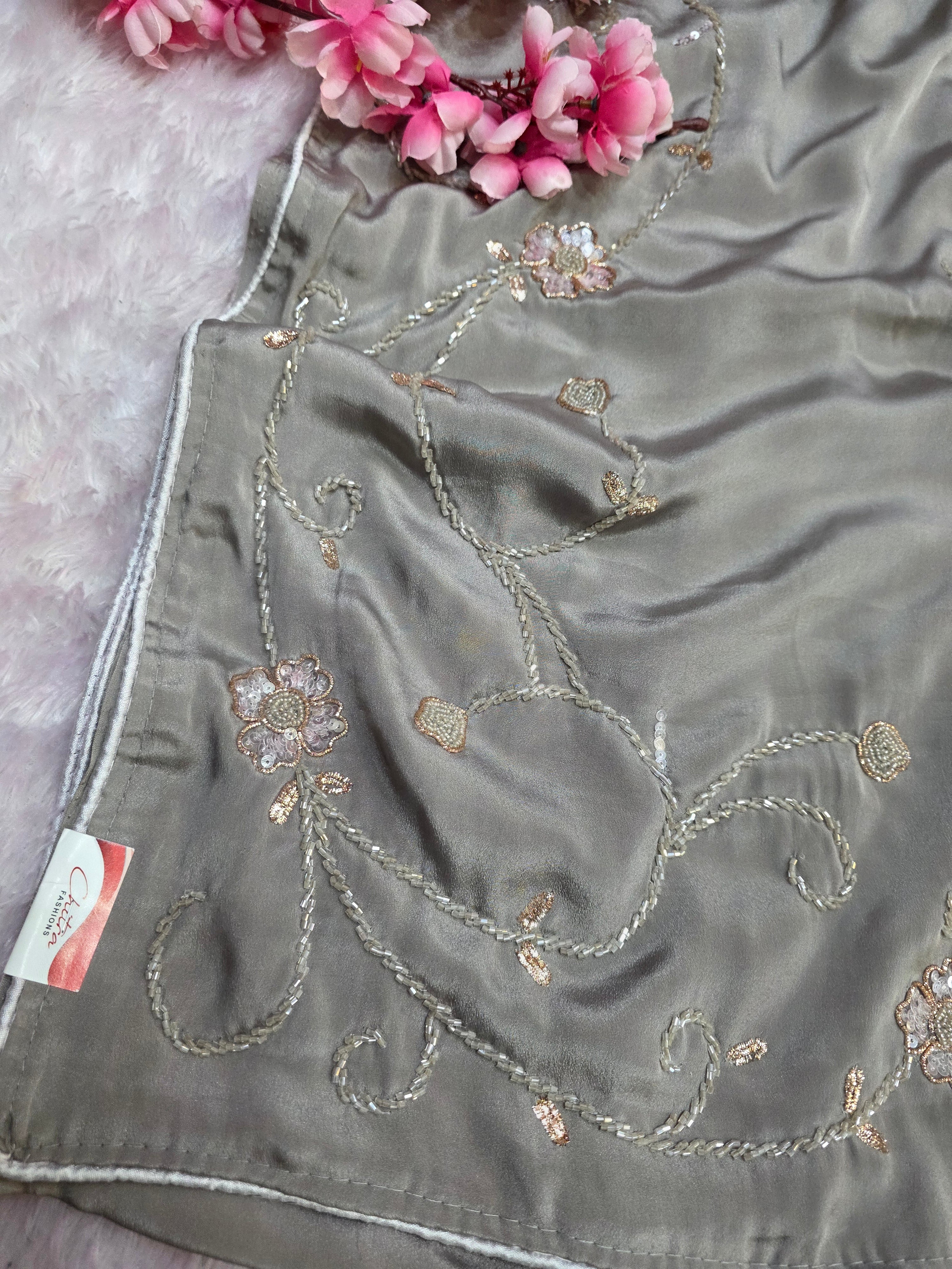 976002 Pure Crepe Silk Hand Work party Wear Saree - Gray