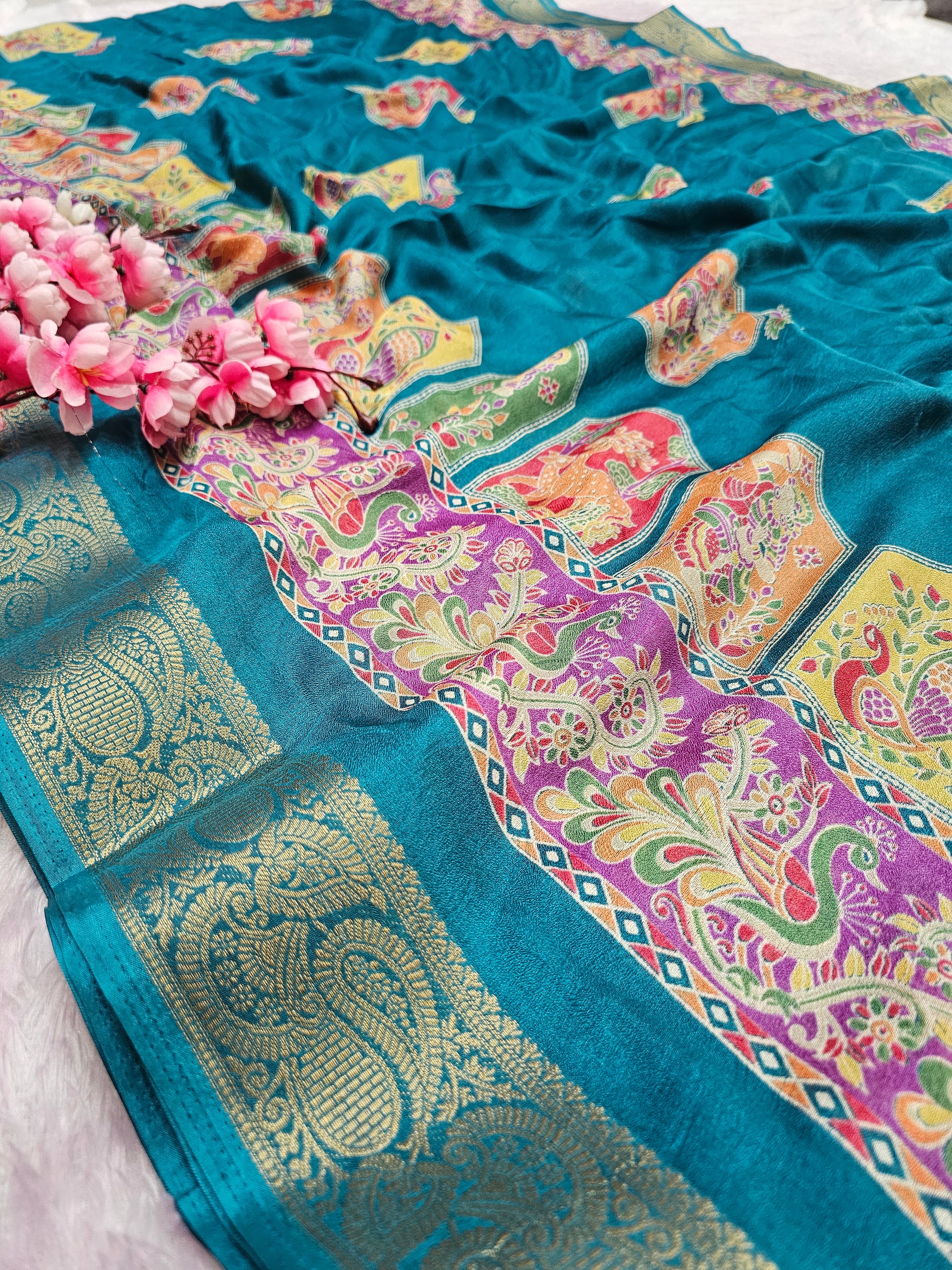 994004 Premium Kashmiri Print Self Weaving Crepe Silk Saree With Zari Weaving Border - Teal