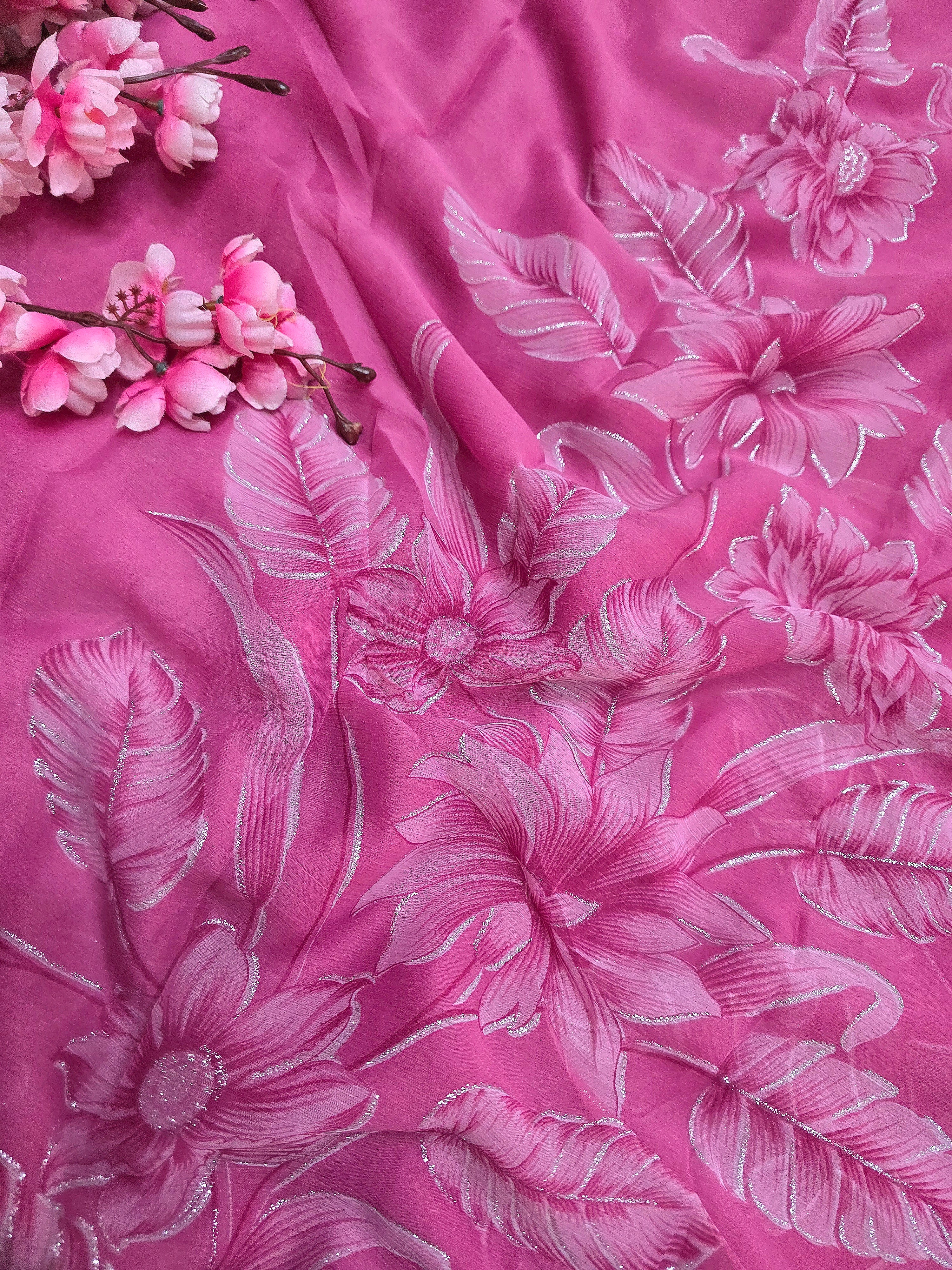 991003 Lightweight Elegant Semi Chiffon Flower Print Saree with Zari Print - Dusty Pink
