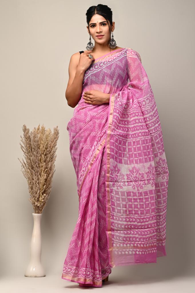 101605 Pure Kota Doriya Hand Printed Saree with Zari Weaving Border