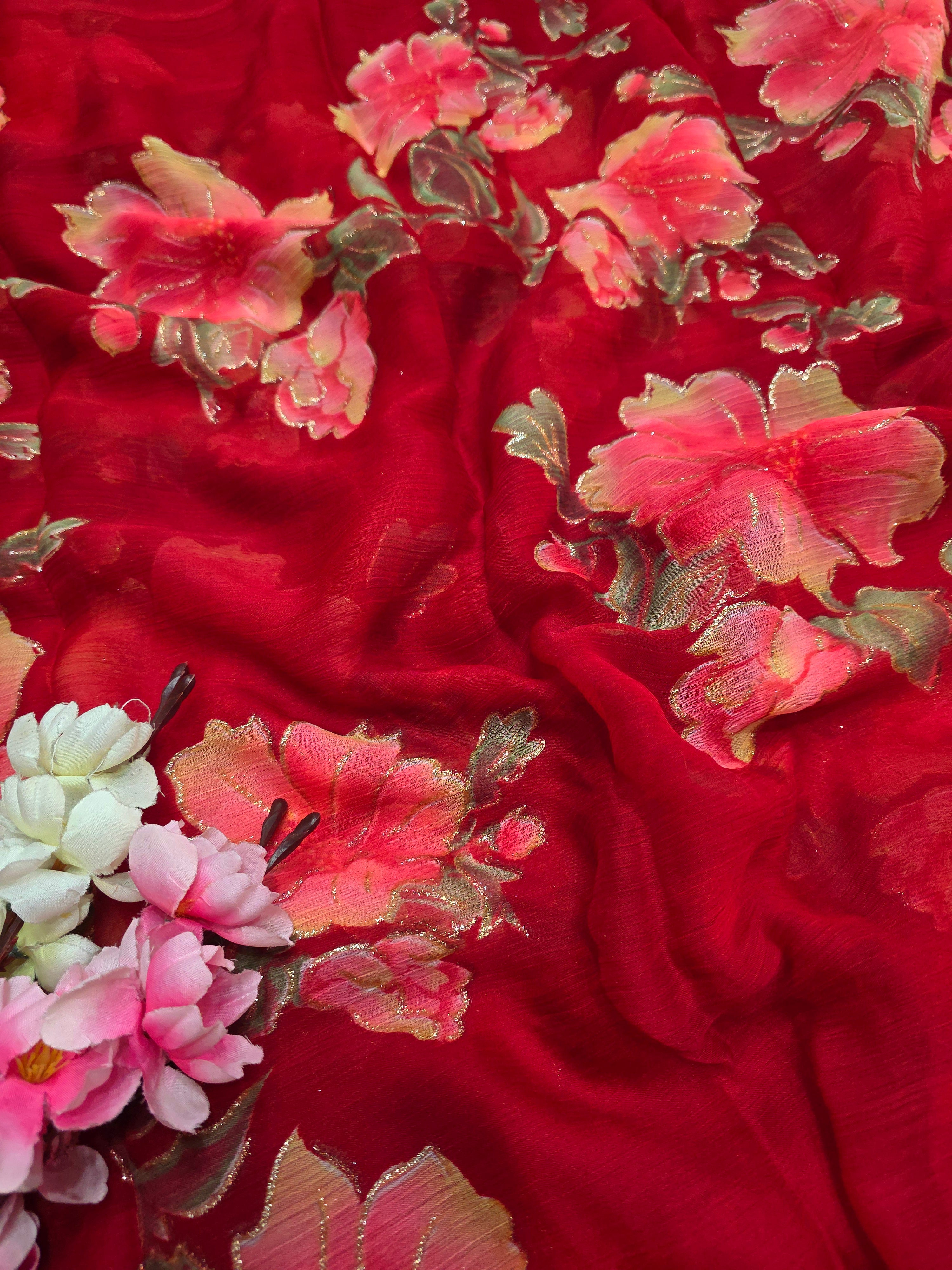 991005 Lightweight Elegant Semi Chiffon Flower Print Saree with Zari Print - Red
