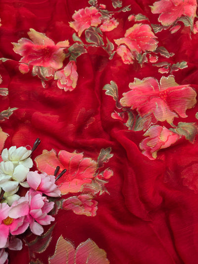 991005 Lightweight Elegant Semi Chiffon Flower Print Saree with Zari Print - Red