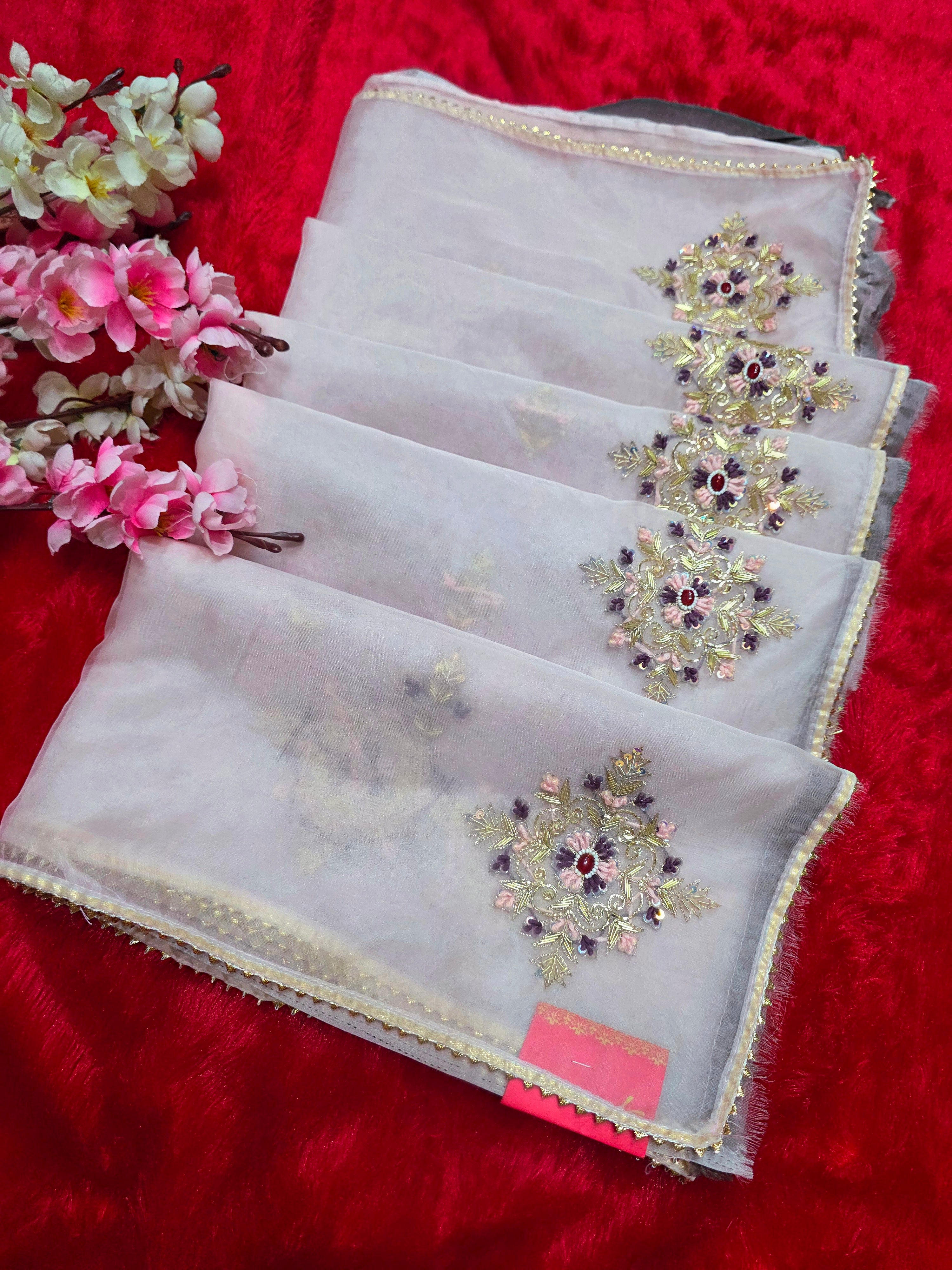 909004 Premium Pure Organza Saree with Zardosi Work