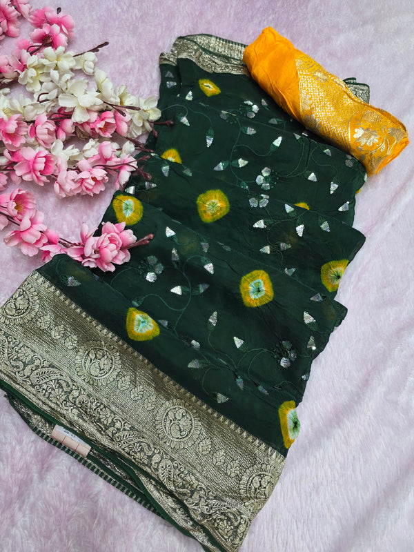 10095 Pure Georgette Organza Hand Bandhani Green Saree with Sequence Work