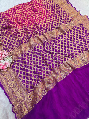 CA1528 Pure Georgette Hand Rai Bandhani Shaded Purple Rani Color Saree