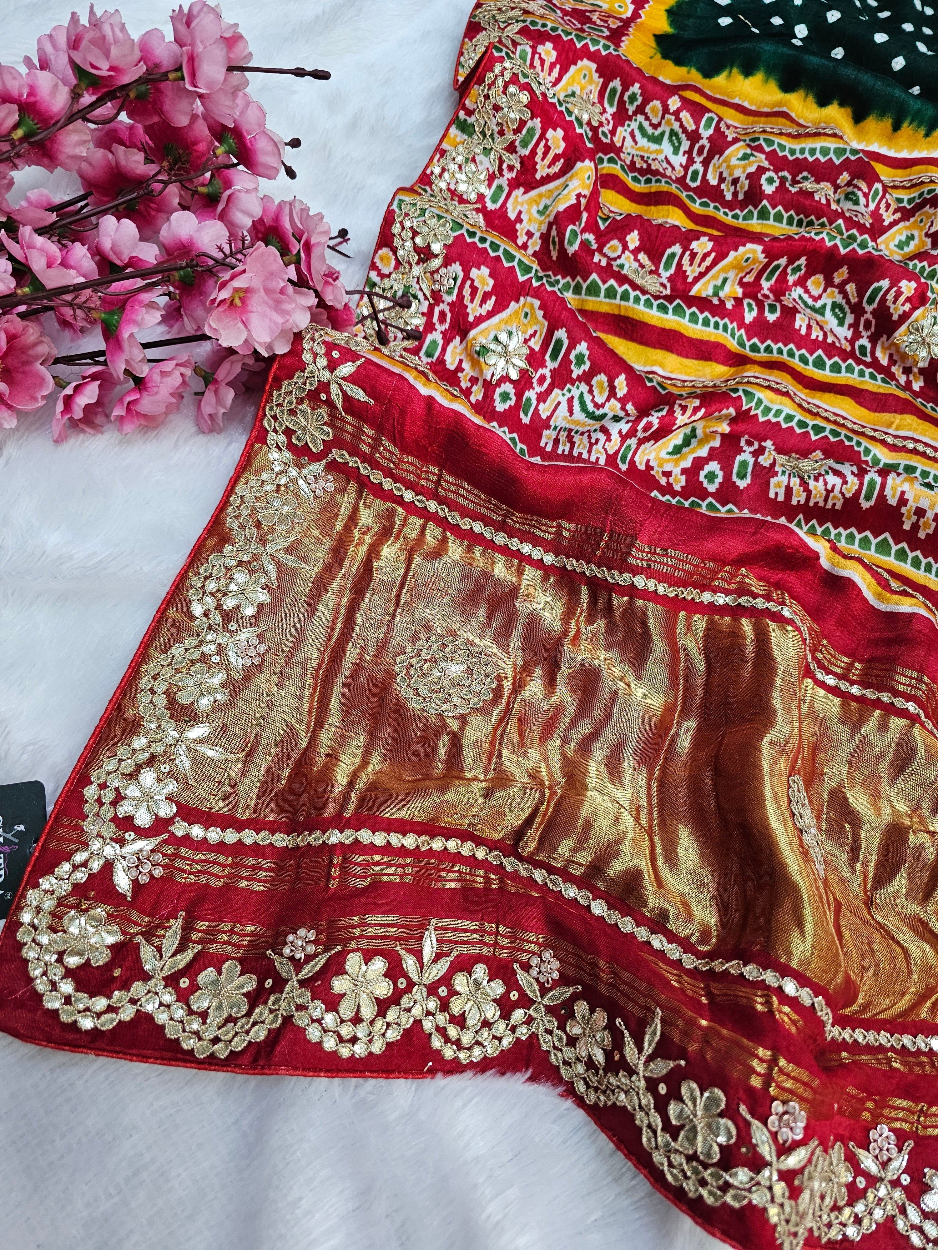 750004 Chitra Special Pure Gajji Silk Patola Bandhani Saree With Rajasthani Hand Gotapatti Work
