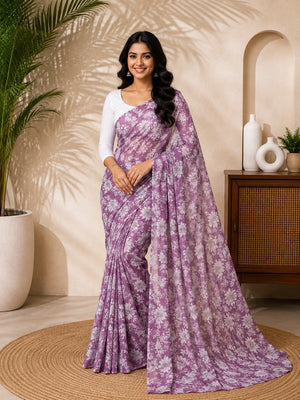 CA1462 Lightweight Elegant Semi Chiffon Flower Print Saree - Levender