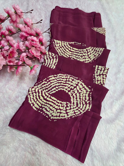 939002 Traditional Ajrakh Print with Shibori Satin Silk Saree - Wine