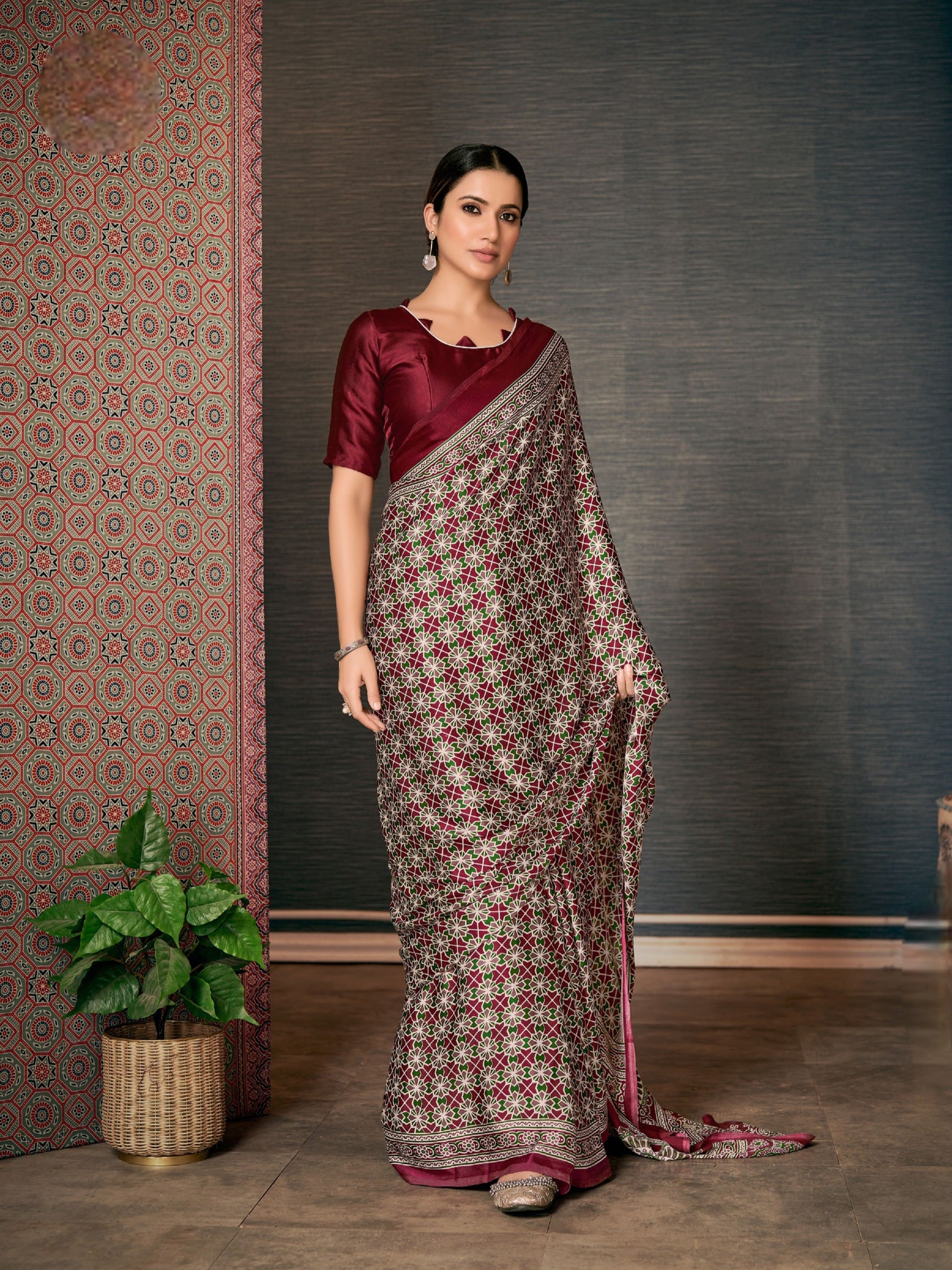 551005 Traditional Ajrakh Print Semi Modal Silk Saree - Maroon