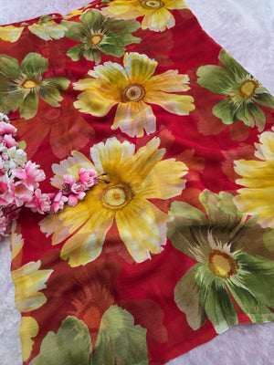 103904 Lightweight Elegant Semi Chiffon Flower Print Saree - Red