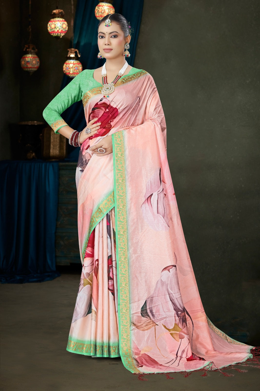 982009 Bollywood Style Soft Crepe Silk Flower Print Saree with Zari Weaving Border