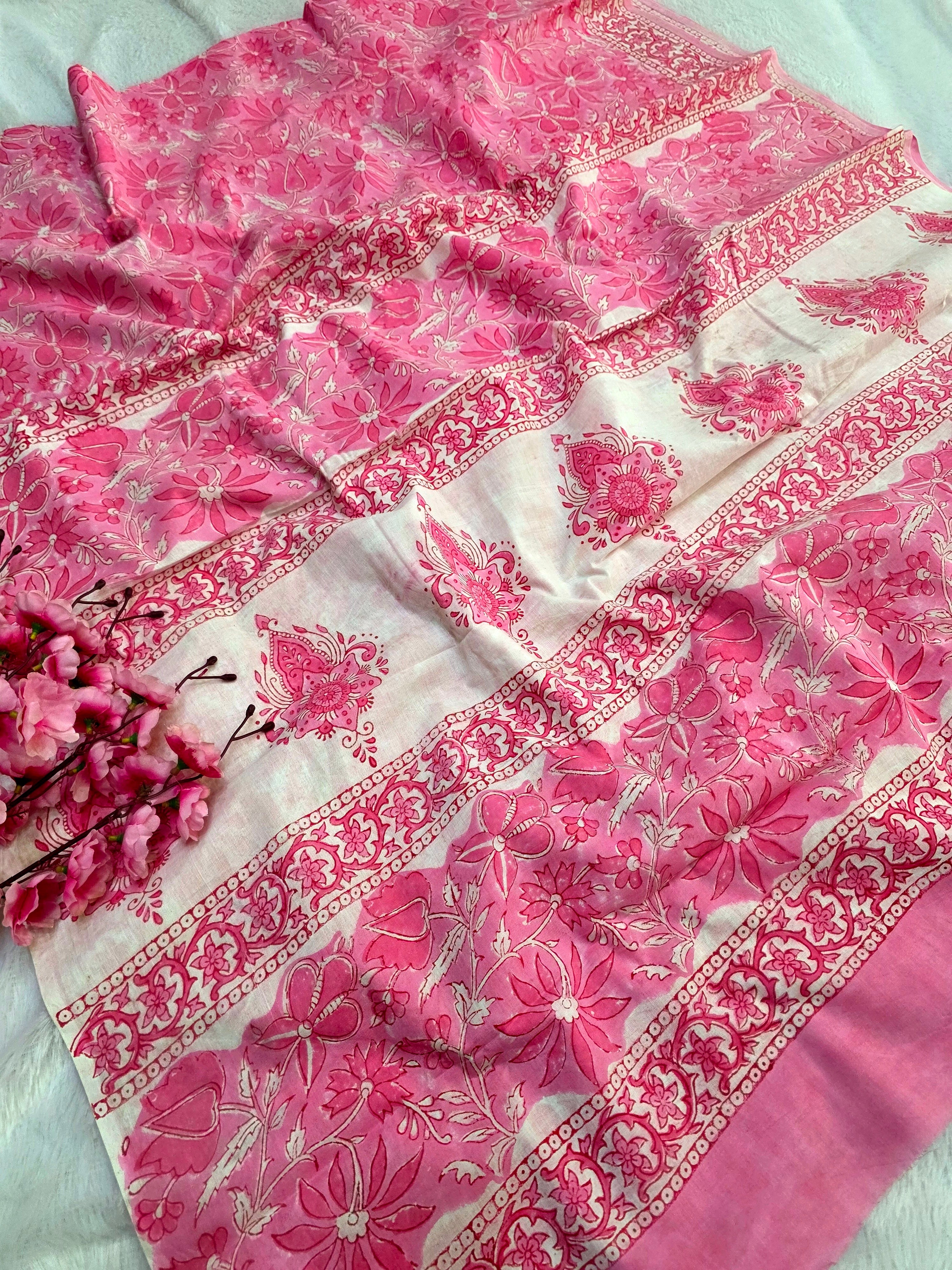 809004 Rajasthani Traditional Pure Malmal Cotton Hand block Printed Saree