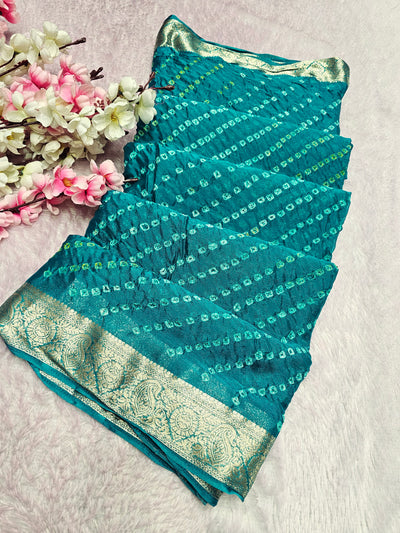 12529 Traditional Hand Bandhani Chinon Silk Soft Saree - Teal