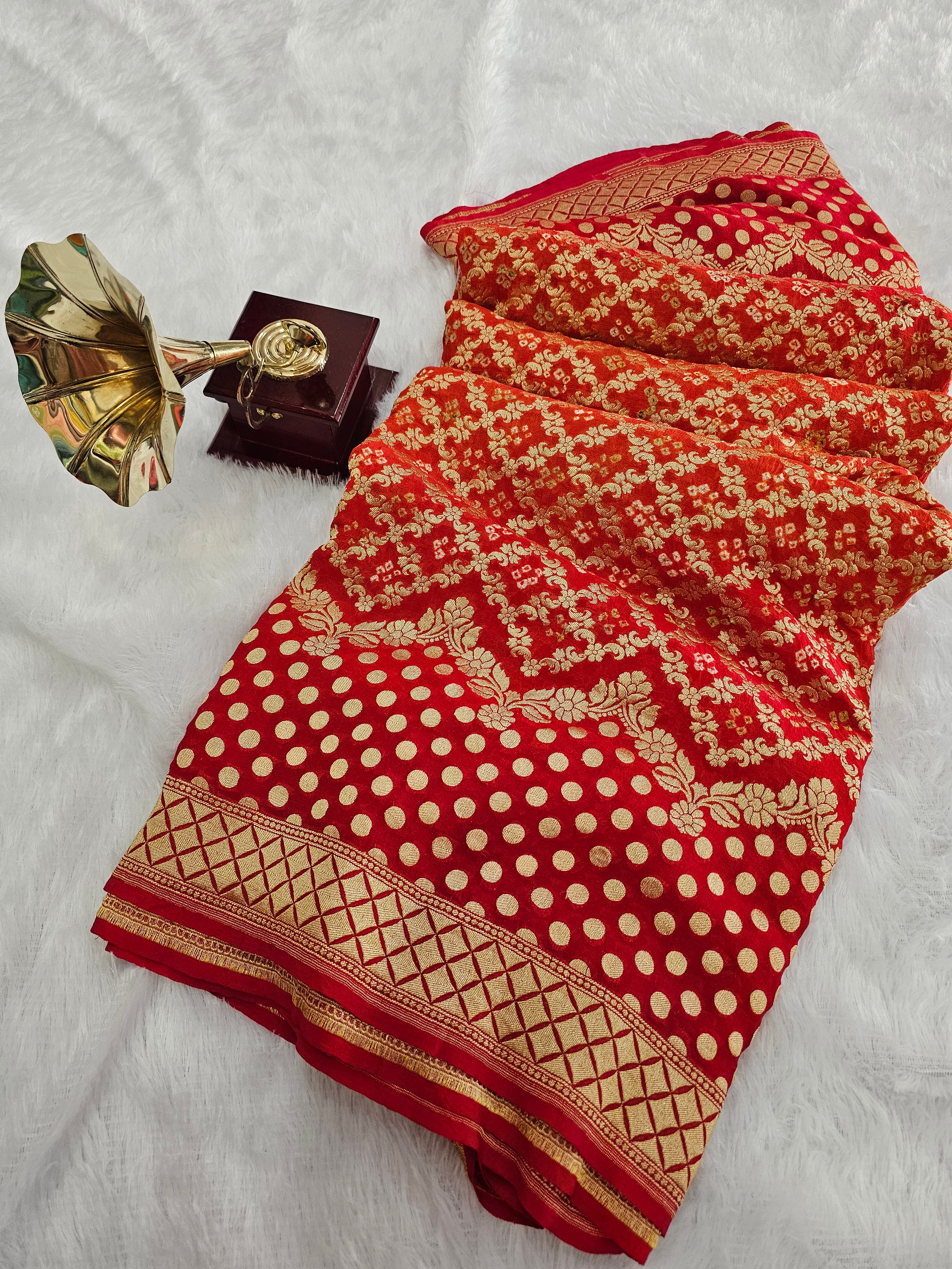 755007 Pure Georgette Red and Orange Rai Dana Bandhani Saree