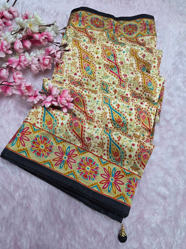 948006 Royal Kashmiri Print Semi Dola Silk Saree - Black