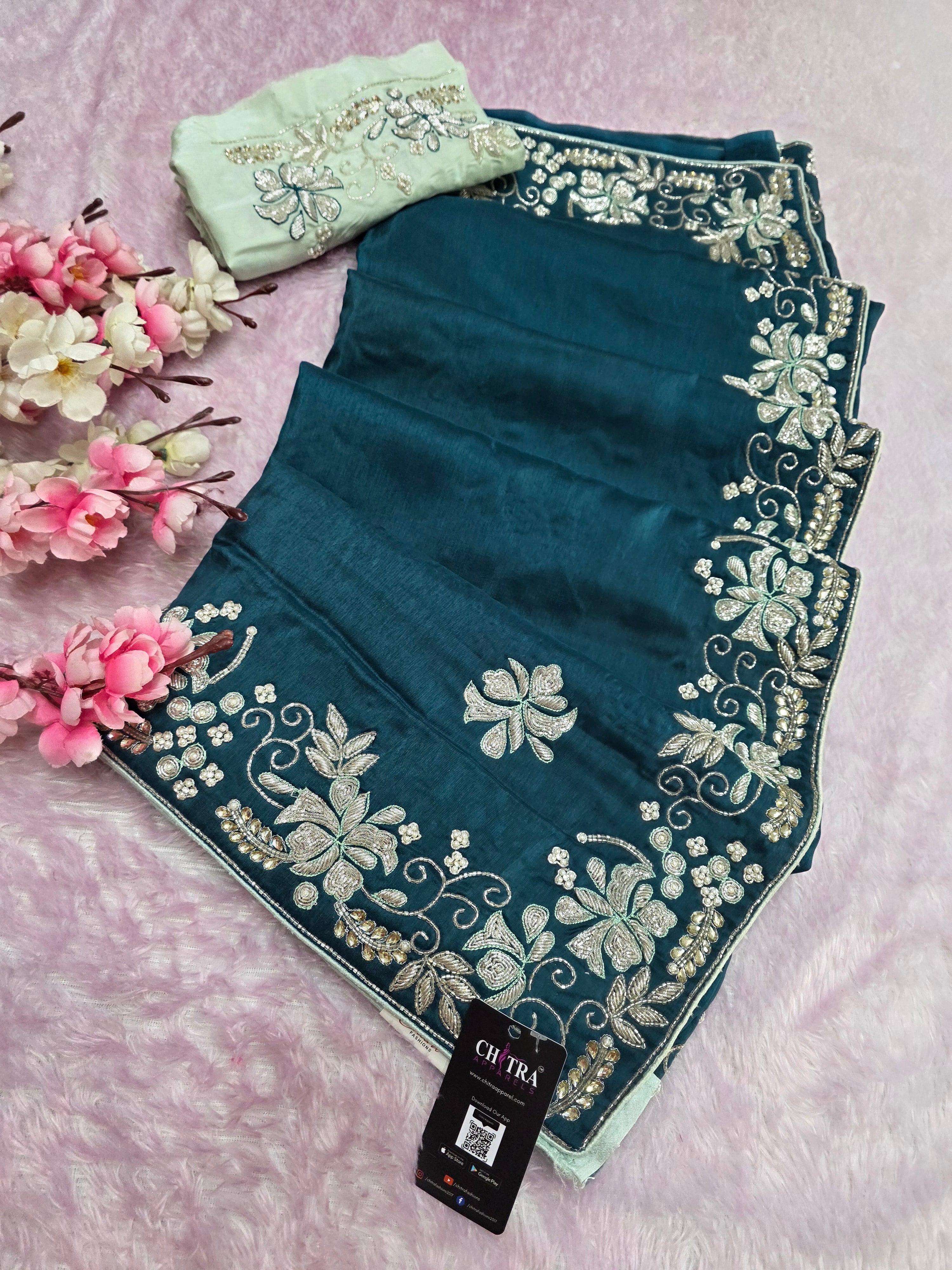 06895 Premium Peacock Blue Pure Russian Silk Saree with White Zardosi & Cutdana Handwork