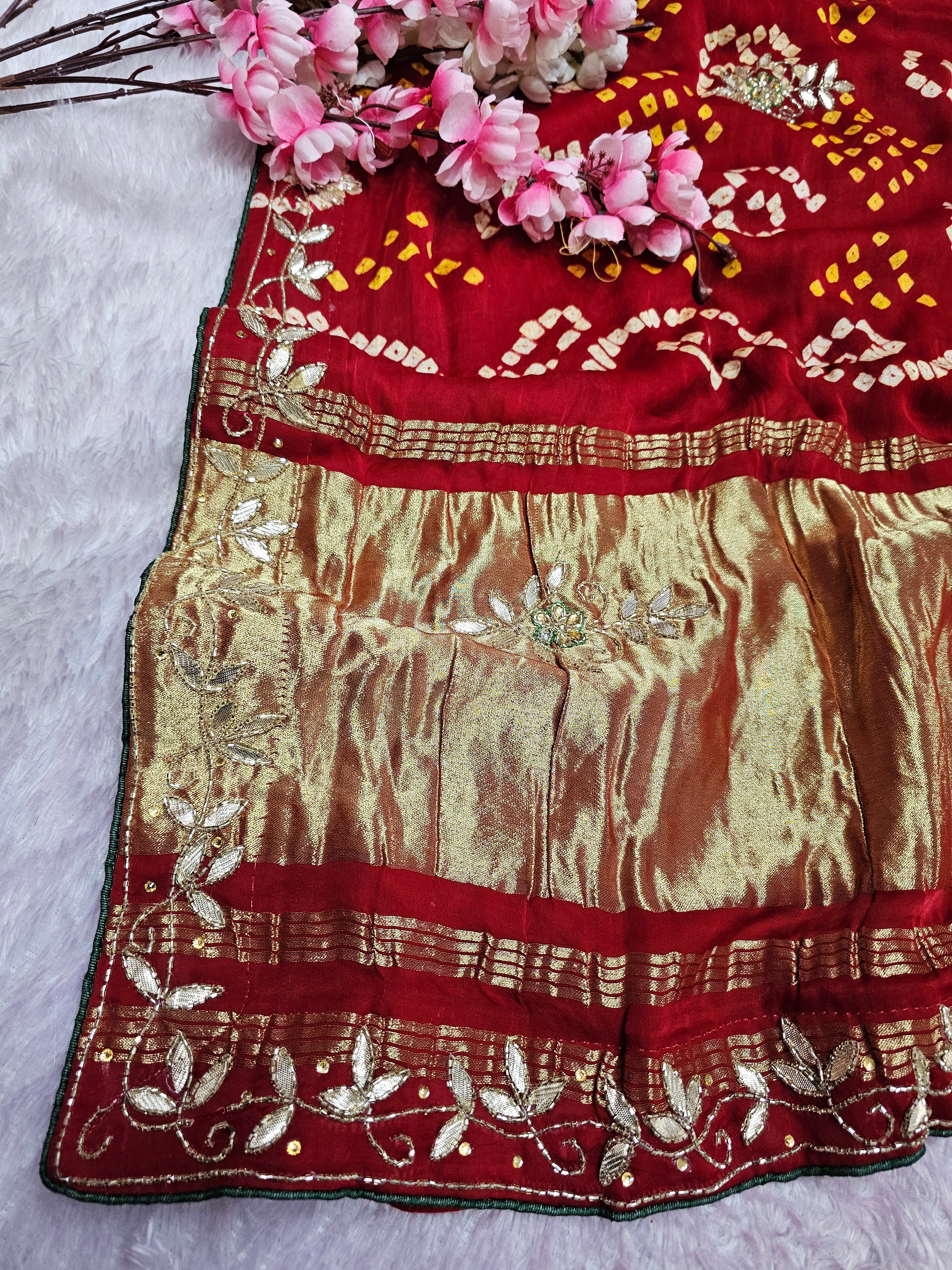 987006 Traditional Modal Gajji Silk Hand Bandhani Saree with Hand Gota Patti Work - Red