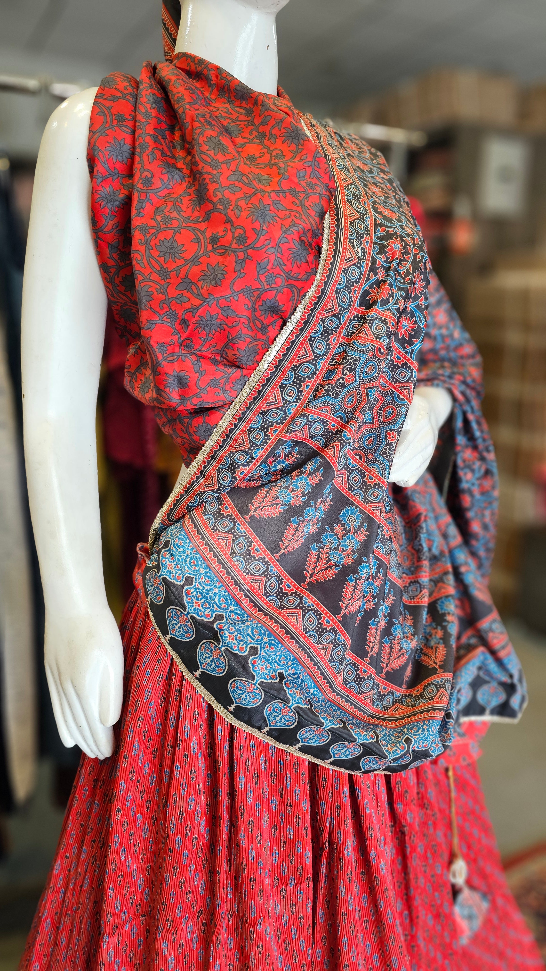 414009 Ajrakh Printed Silk Crush Lehanga Set