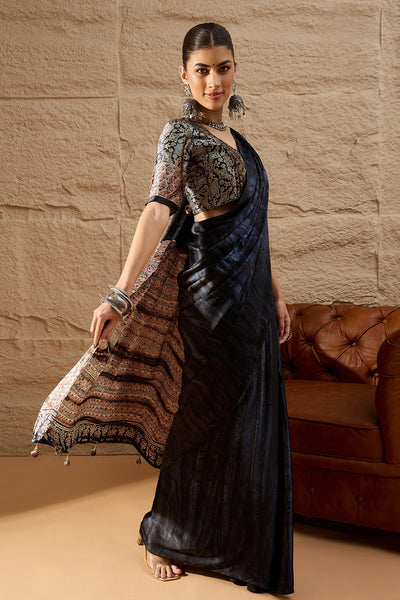 917007 Trending Ajrakh Print with Shibbori Semi Modal Silk Saree - Black