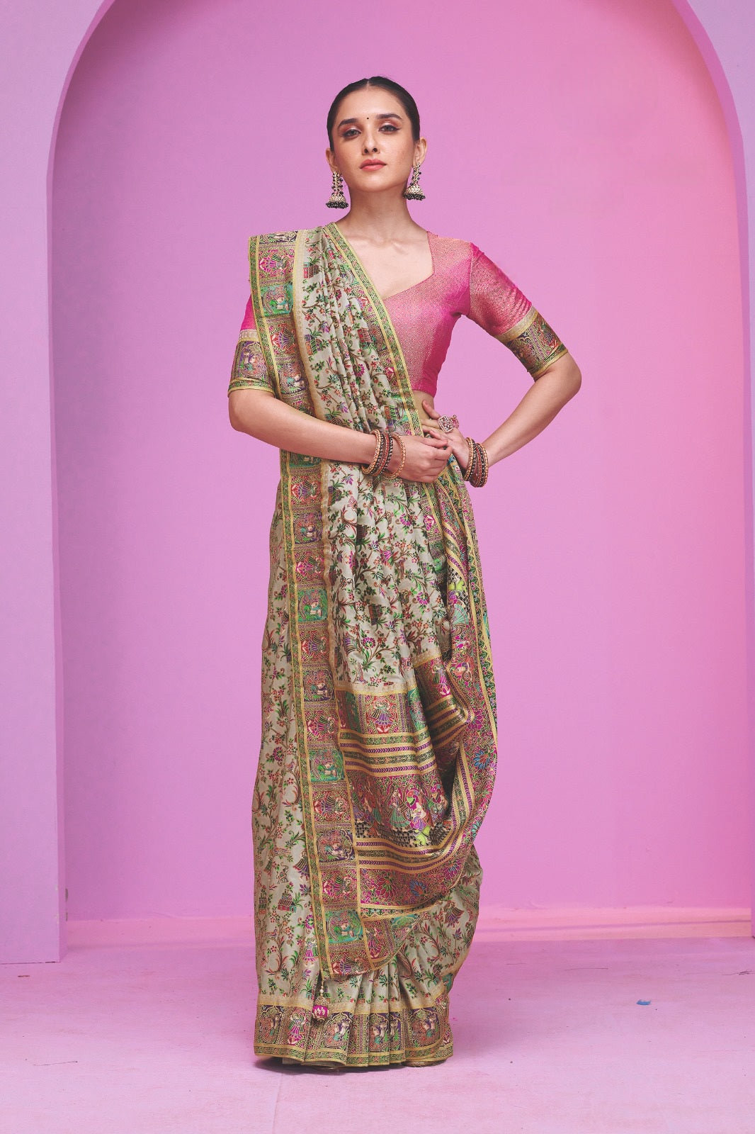 938005 Royal Kashmiri Pashmina Silk Elaichi Green Saree with Heavy Blouse