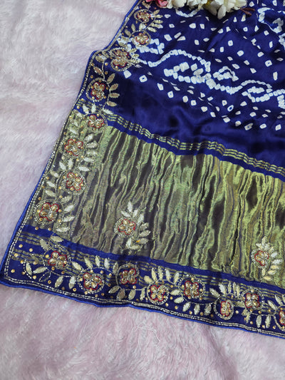 967004 Traditional Semi Gajji Silk Bandhani Saree with Hand Gota Patti Work - Blue