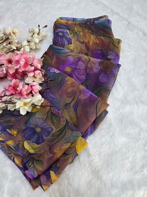 CA1469 Lightweight Elegant Semi Chiffon Flower Print Saree - Purple Mustered