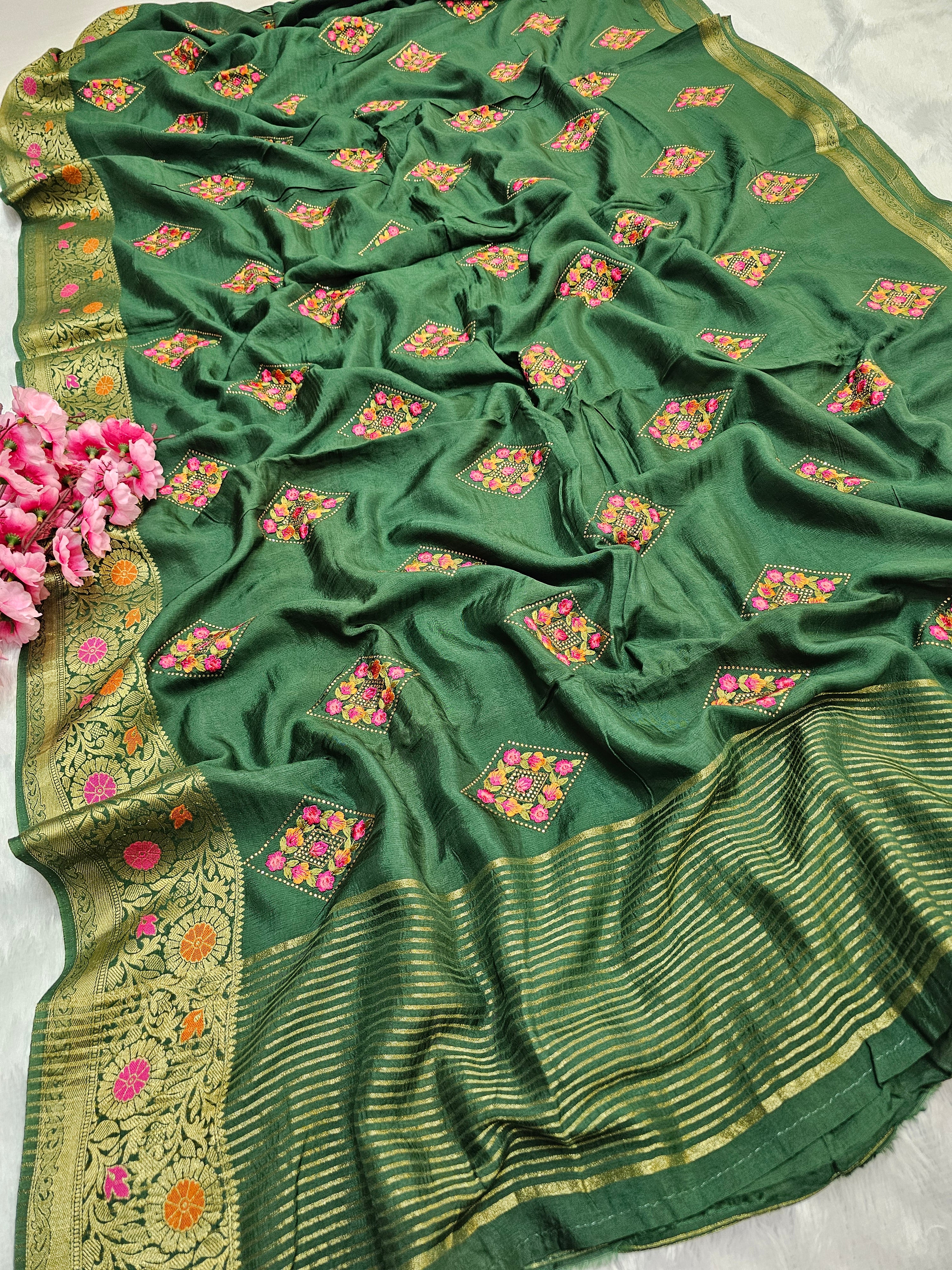 C79008 Stylish Embroidery and Swarovski Handwork Saree With Kanjivaram Style Border