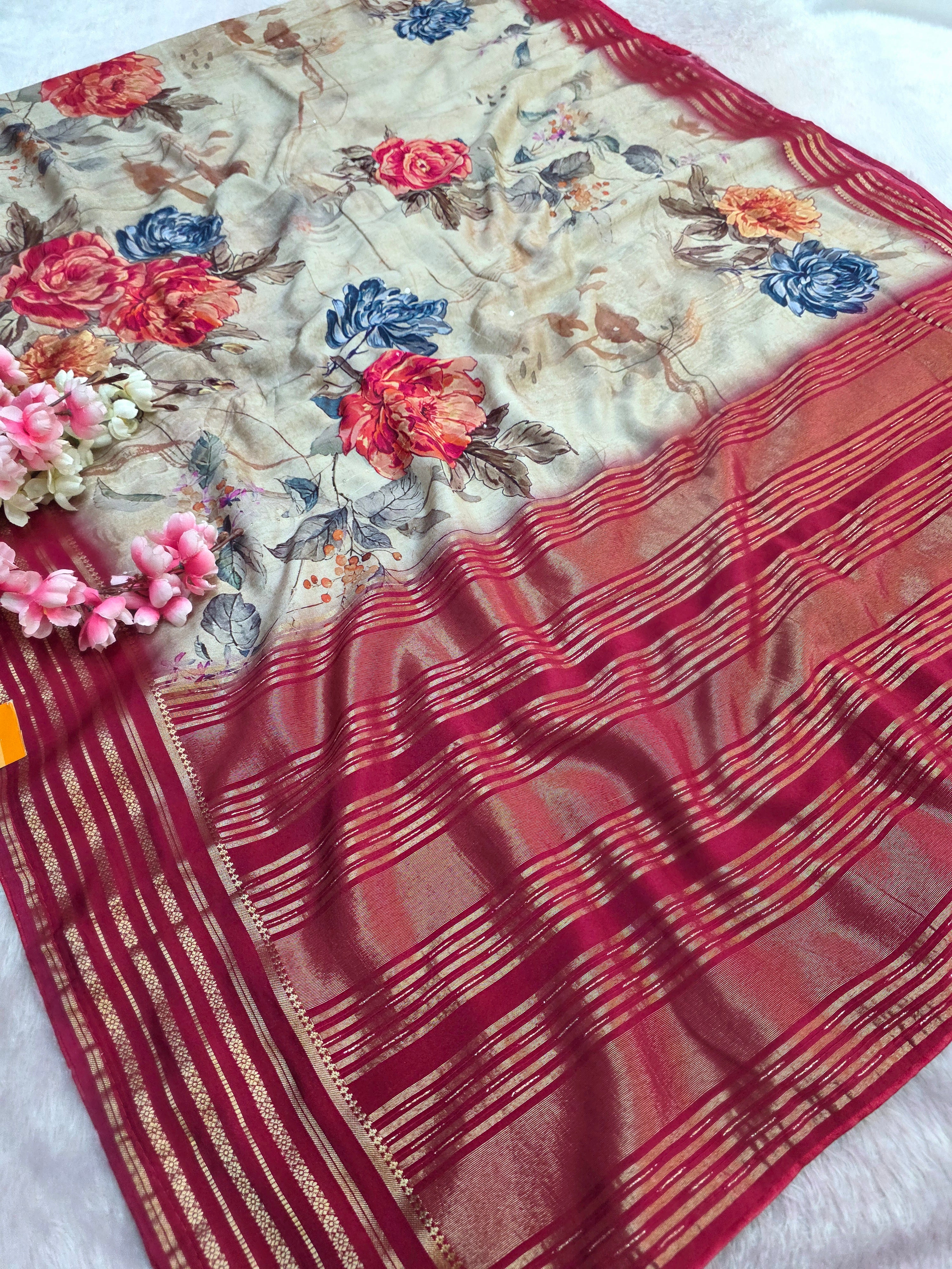 104001 Chitra Special Maslin Silk Designer FlowerPrint Saree with Zari Weaving Border