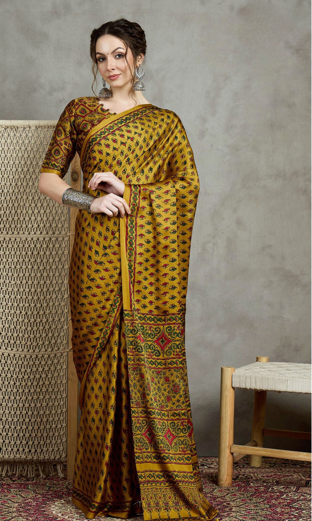 823004 Trending Ajrakh Print Semi Modal Silk Saree - Mustered