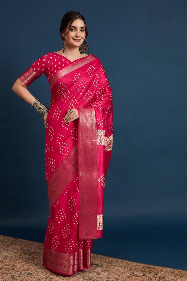 2422 Soft Semi Dola Silk Bandhani Print Saree with Banarasi Border - Rani