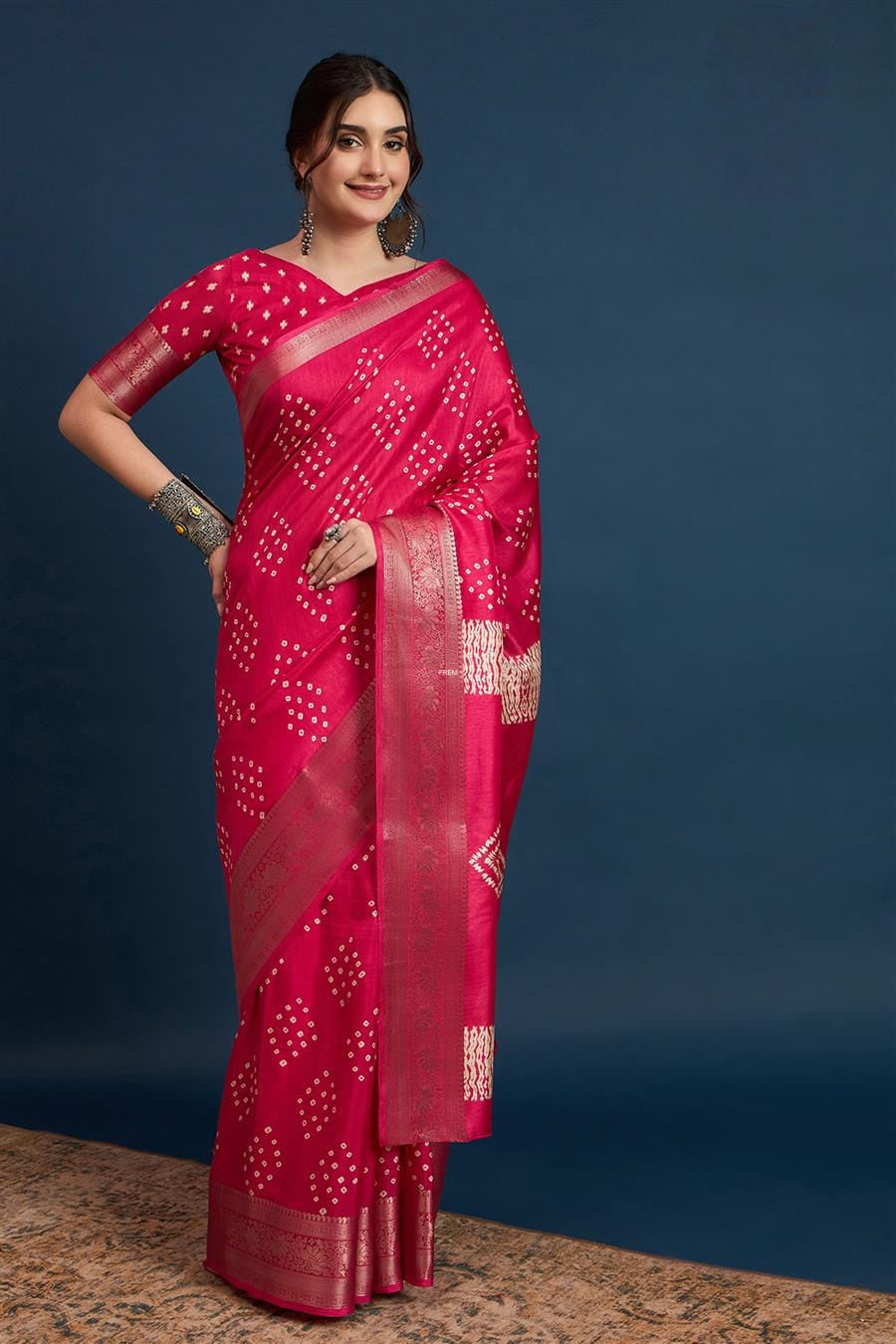 2422 Soft Semi Dola Silk Bandhani Print Saree with Banarasi Border - Rani