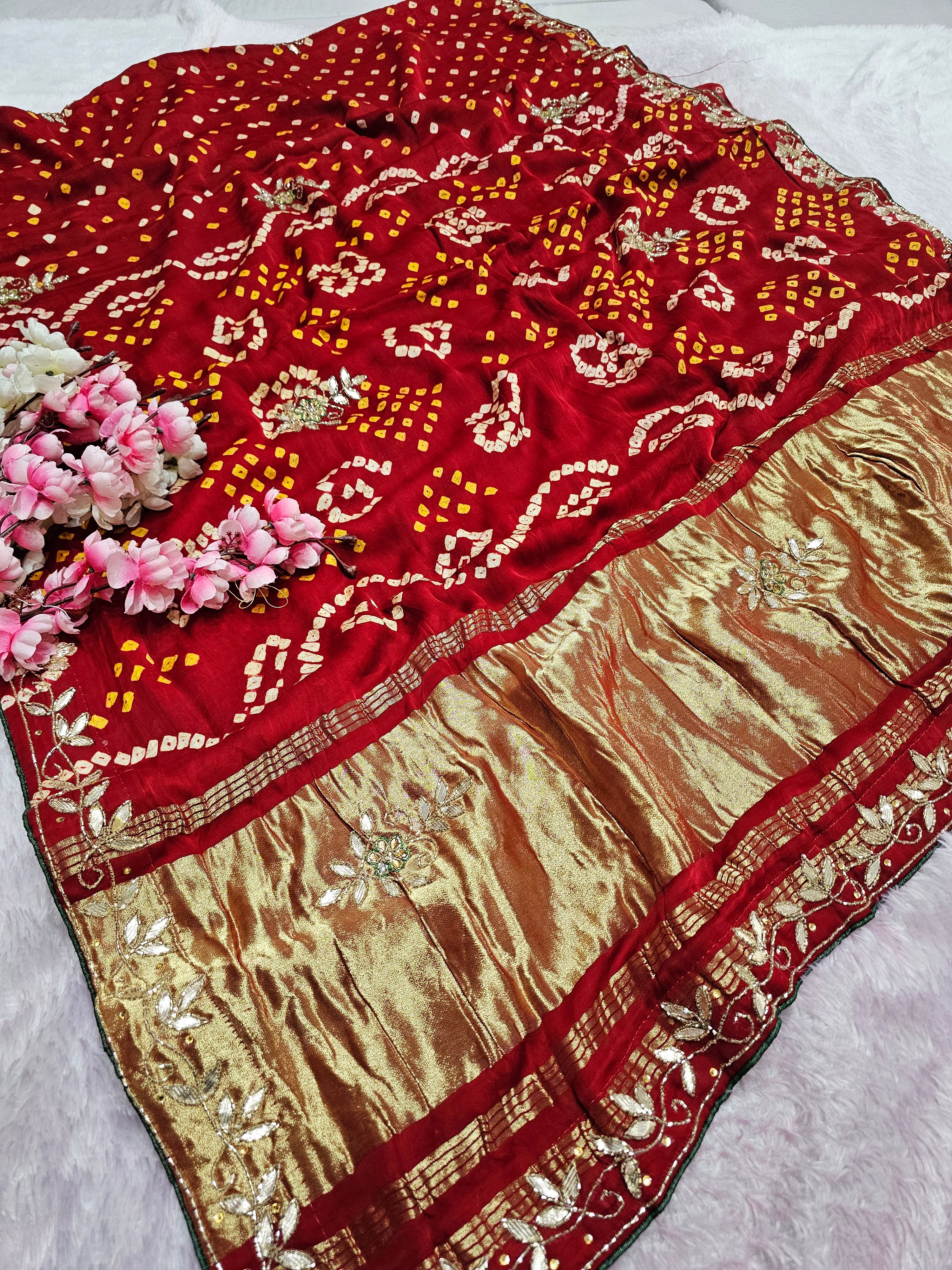 987006 Traditional Modal Gajji Silk Hand Bandhani Saree with Hand Gota Patti Work - Red