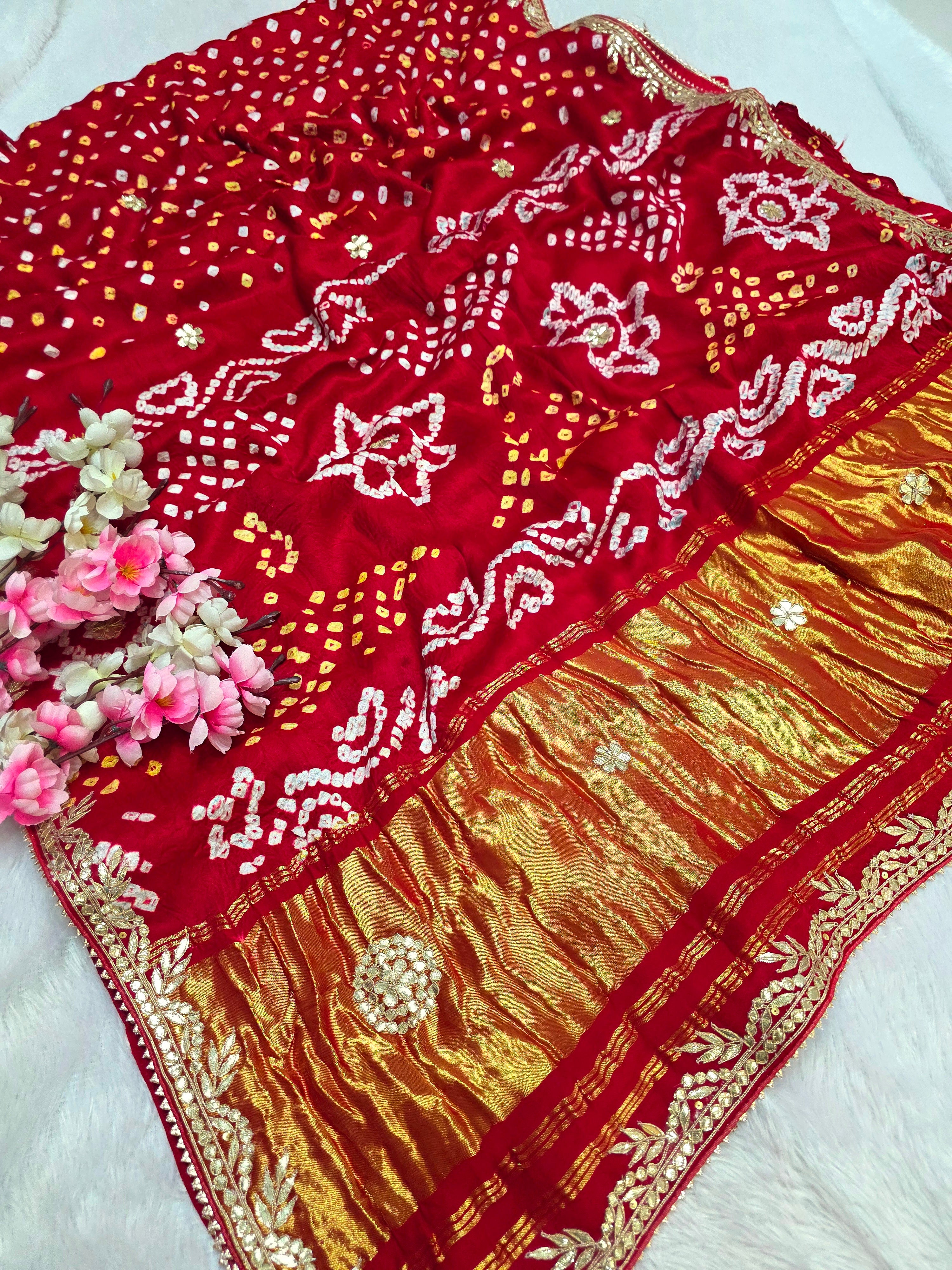 12196 Exclusive Modal Silk Bandhani Saree With Gota Patti Hand Work - Red