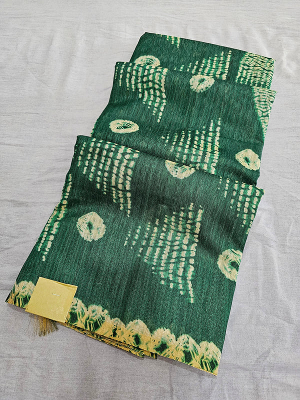 341006 Jute Silk Banshani Saree With Shibbori  - Green