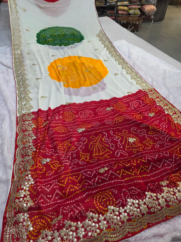 967005 Traditional Bandhani Ghewar Georgette Saree with Gotapatti Work - White
