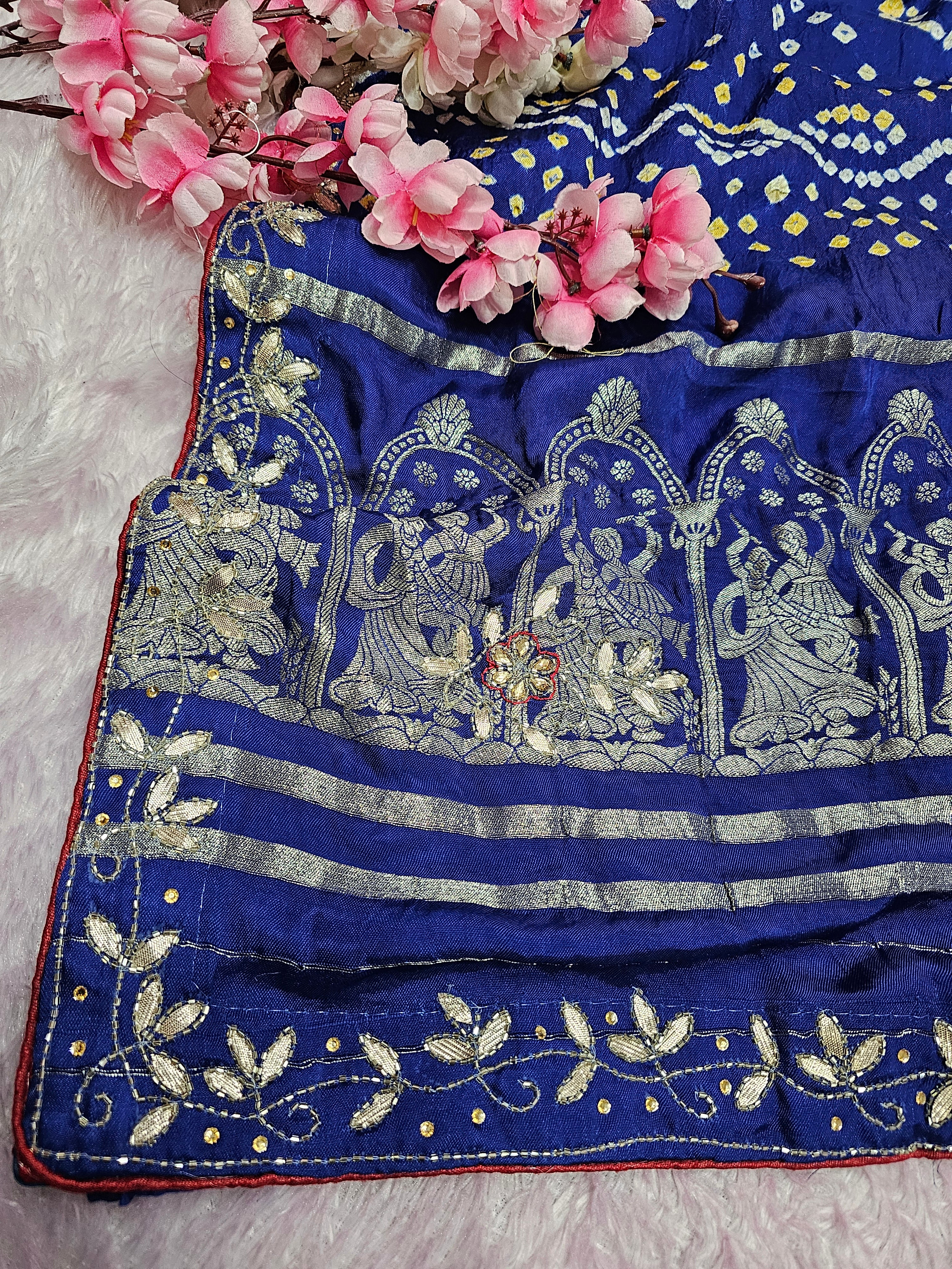 987008 Traditional Modal Gajji Silk Hand Bandhani Saree with Hand Gota Patti Work - Blue