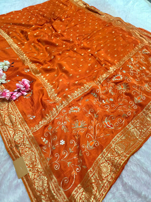 CA0745 Pure Dola Silk Gota Patti and Aari-Tari Work Saree - Orange