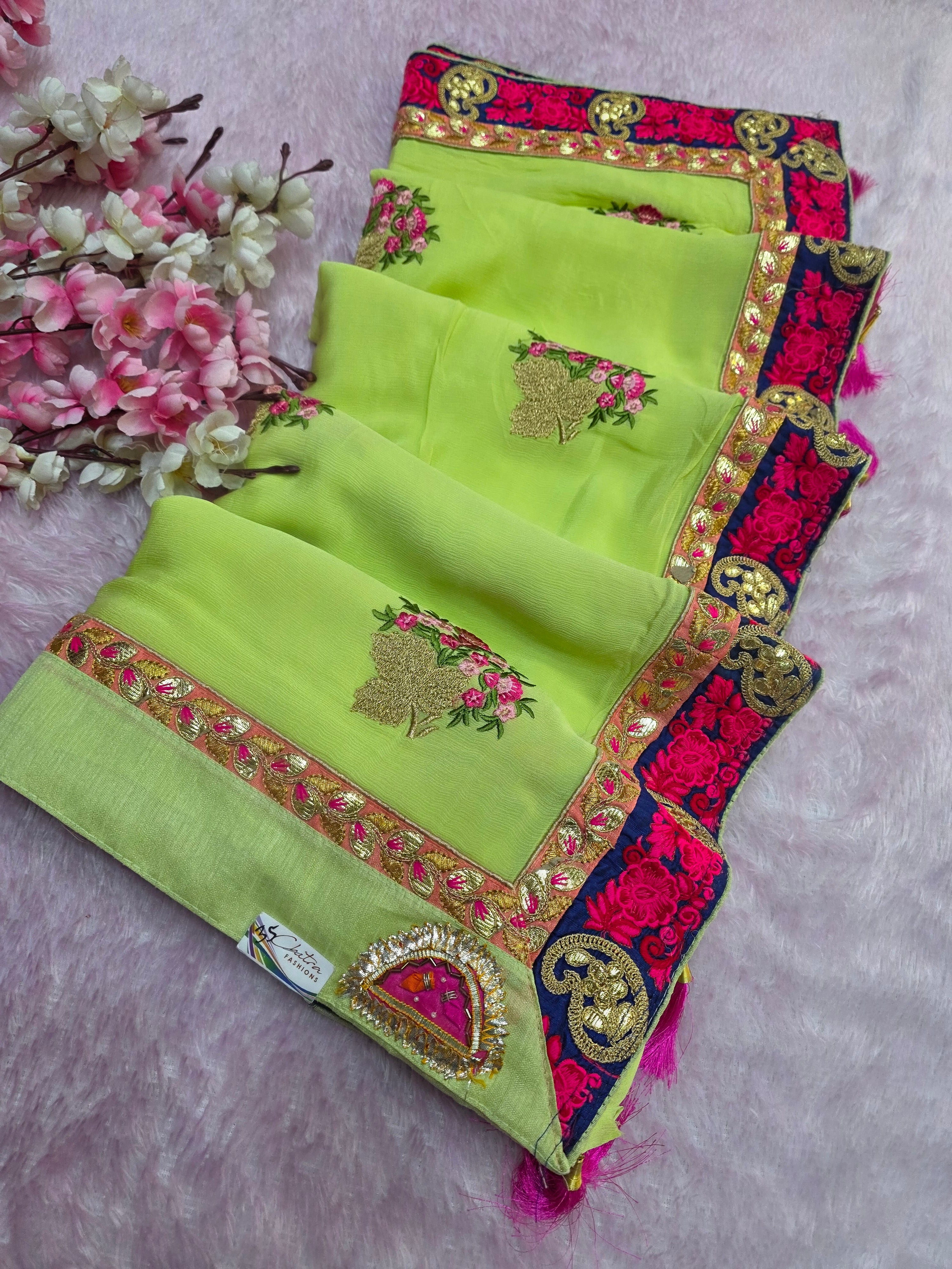 976006 Pure Chinon Silk Rajasthani Embroidery Work party Wear Saree