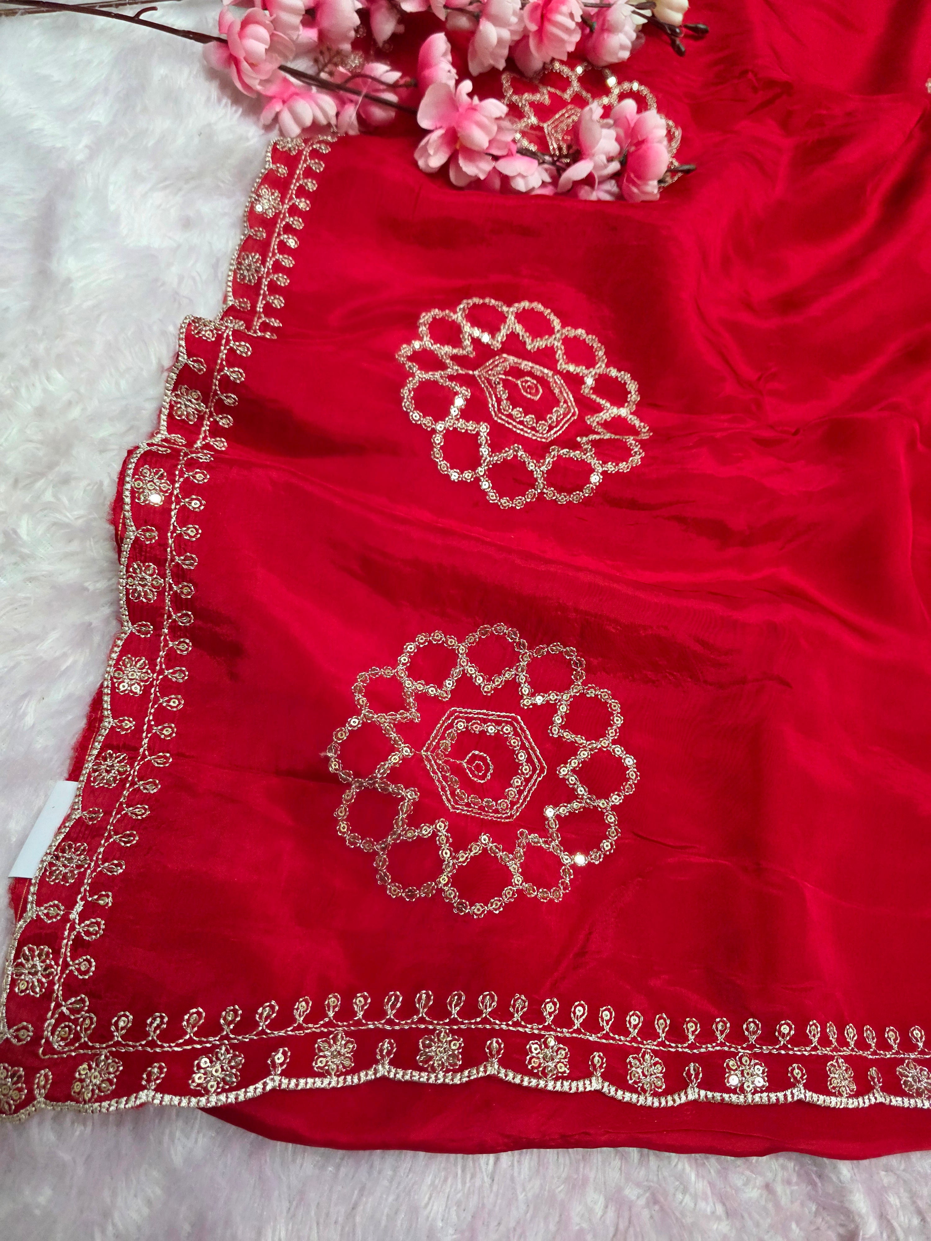 12589 Designer Pure Chinon Silk Traditional Rajasthani Saree with Sequence Work Red Saree