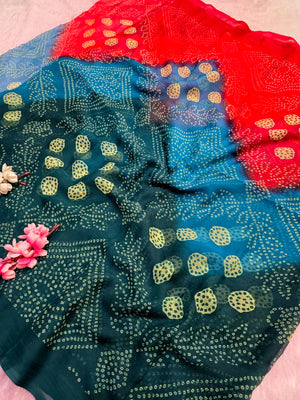 CA1480 Lightweight Elegant Semi Chiffon Bandhani Print Saree - Blue
