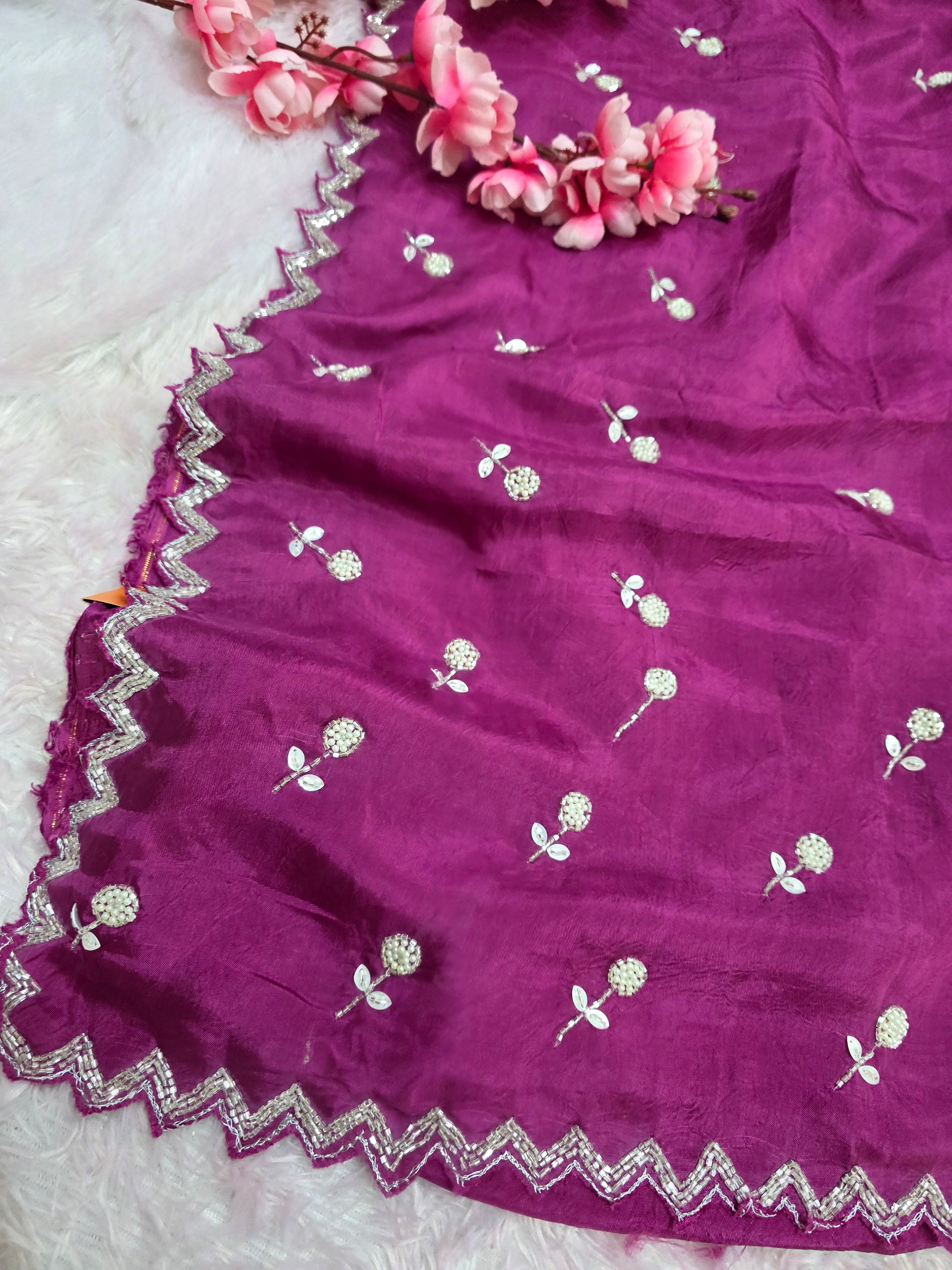 103704 Pure Upada SIlk Designs Party Wear Saree with Pearl and Cutdana Work - Purple