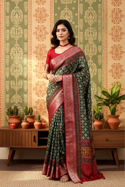 996002 Beautiful Pure Maslin Silk Traditional Print Saree with Zari Weaving Border and Heavy Brocket Blouse