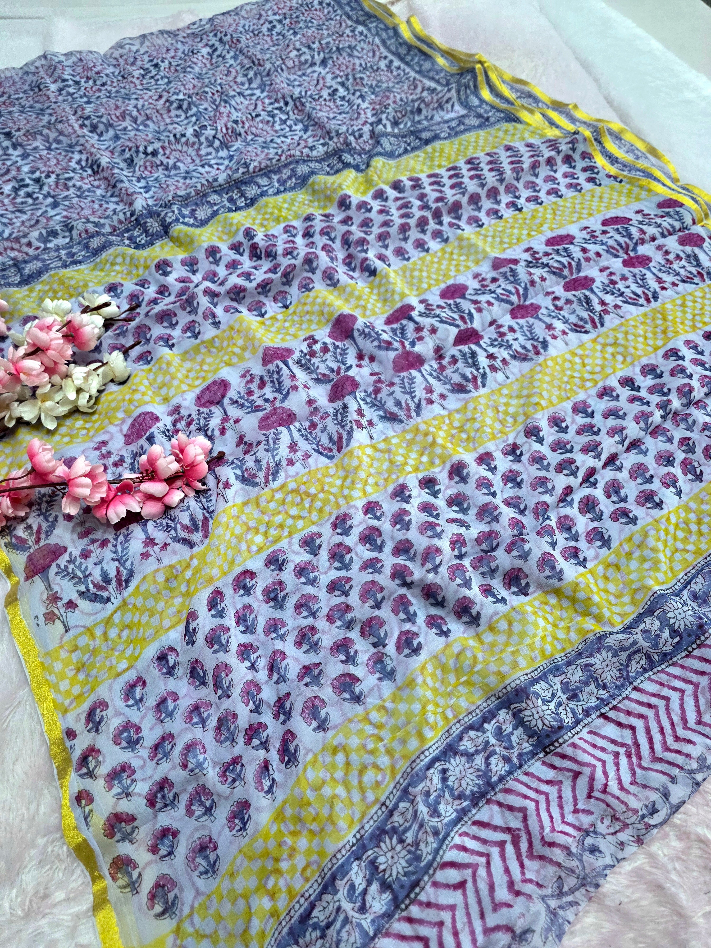104303 Pure Rajasthani Diamond Chiffon Saree with Hand Ajrakh Print