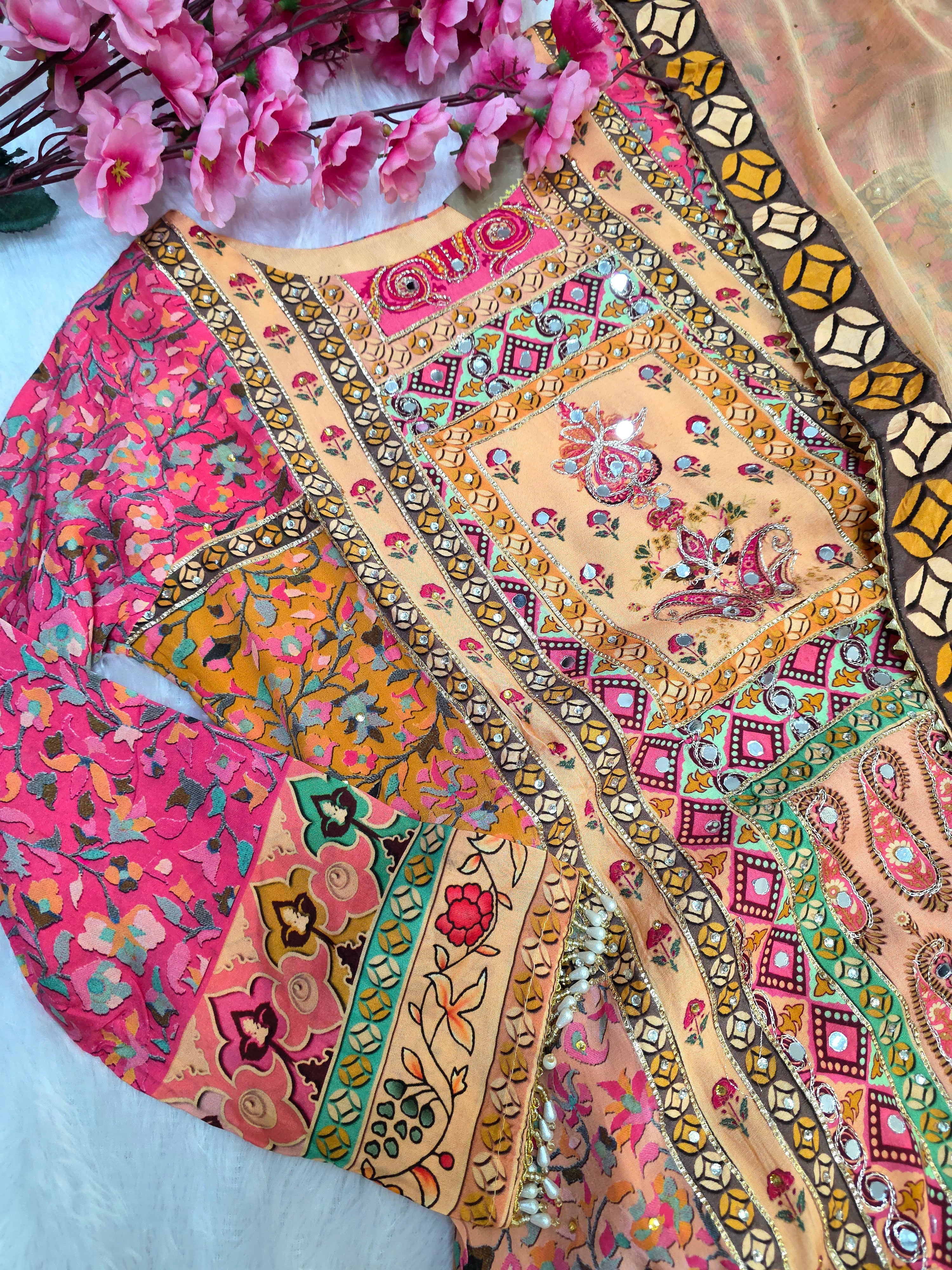 C81008 Very Unique Pure Crepe Multicolor Aline Kurti with Pant and Dupatta