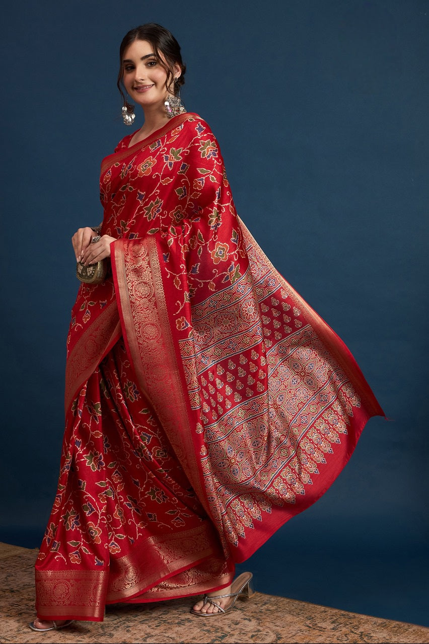 911001 Soft Cotton Silk Patola Print Saree with Banarasi Border - Red