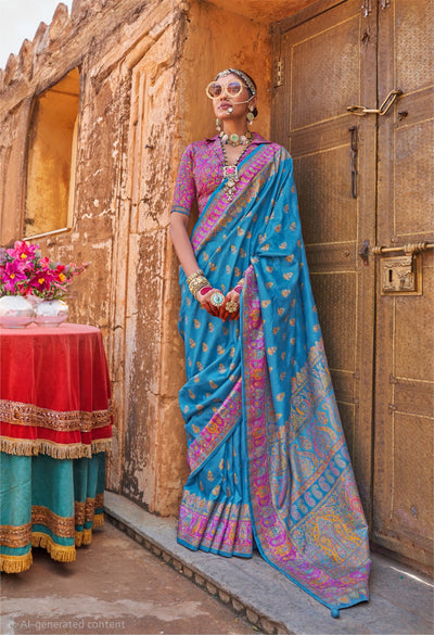 100302 Premium Kashmiri Print Silk Firozi Saree With Gold Print