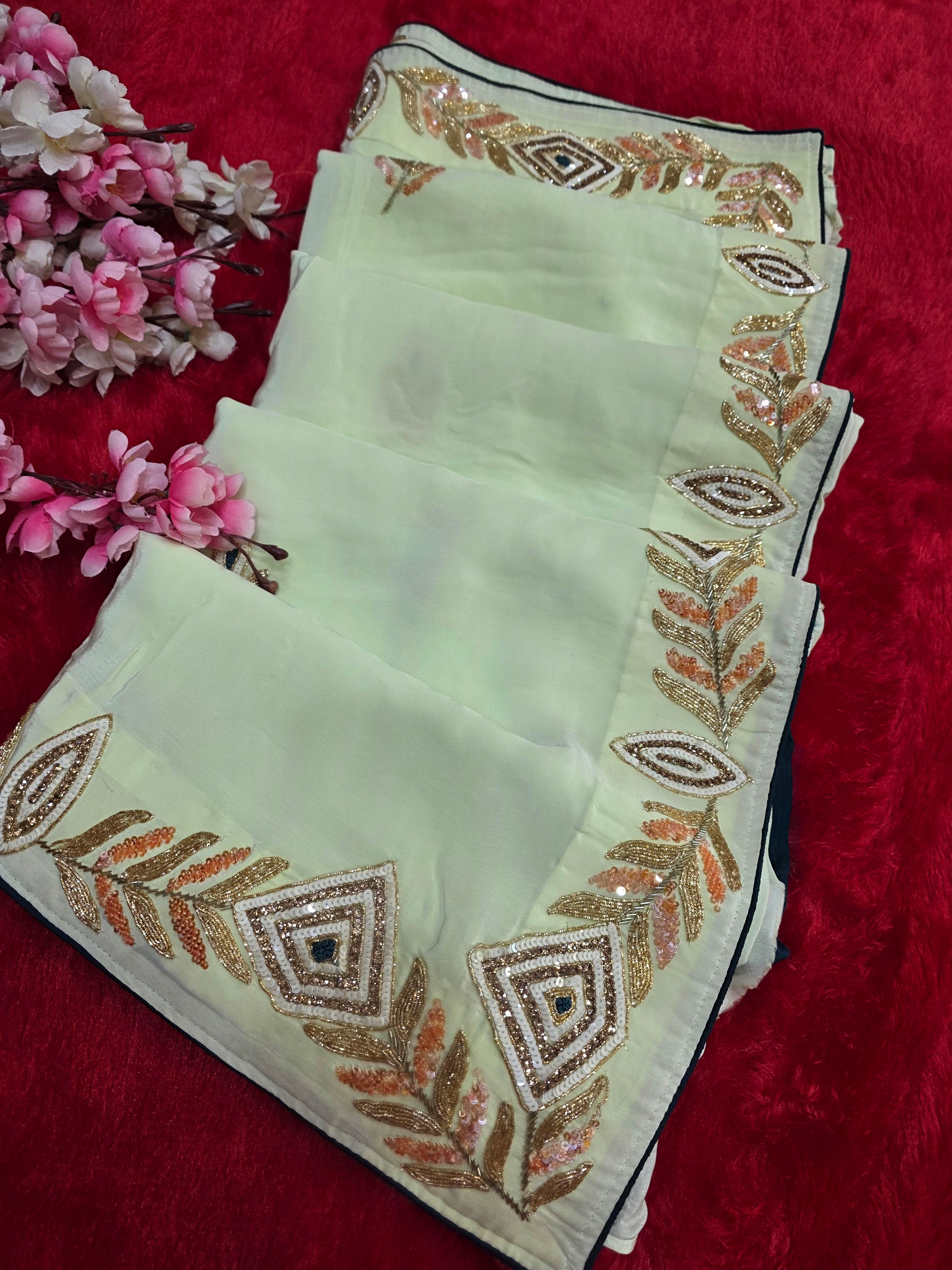 961003 Pure Crepe Silk Beautiful Hand Crafted Designer Light Green  Saree 5763