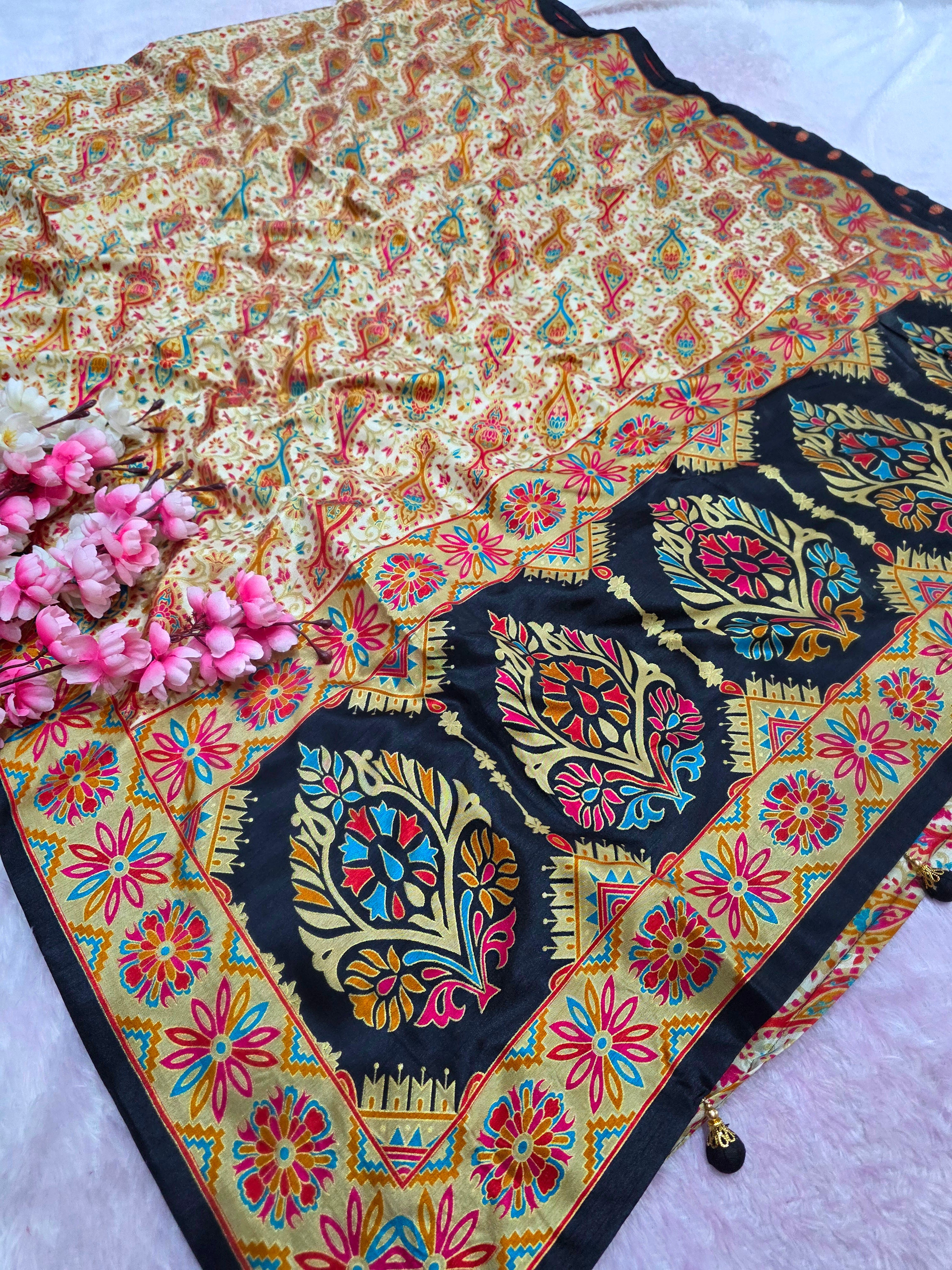 948006 Royal Kashmiri Print Semi Dola Silk Saree - Black